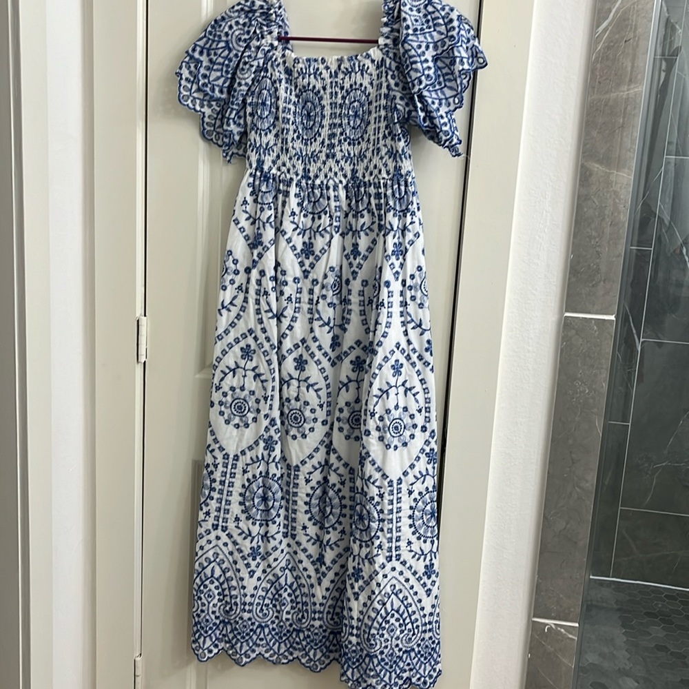 See and be Seen blue and white embroidered dress, NWT